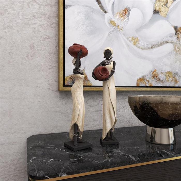 1 PIECE CREAM POLYSTONE WOMAN STANDING AFRICAN SCULPTURE WITH RED WATER POTS AND BLACK BASE,