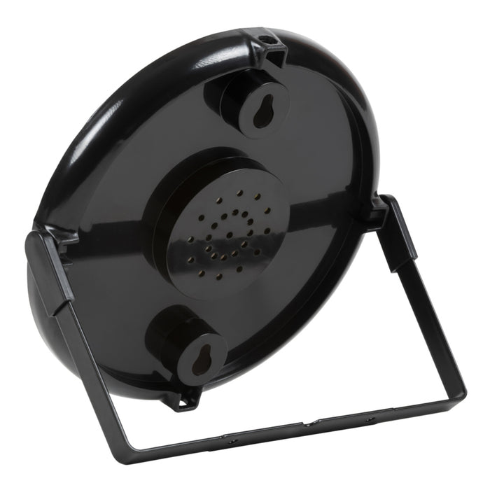 Back image of the 5-inch Dial Thermometer with Bracket, shown utilizing the bracket as a stand, the back of the thermometer also has two built-in keyholes for mounting on a fence or a wall.