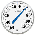 Head on image of the 104-114A 13.5 inch dial thermometer with key hider showing a white dial and black numbers in degrees Fahrenheit from minus 60 to 120 degrees with a blue pointer highlighting freezing at 32 degrees