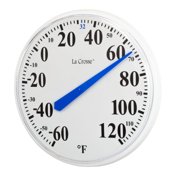 Left facing image of the 104-114A 13.5-inch dial thermometer with key hider showing a white dial and black numbers in degrees Fahrenheit from minus 60 to 120 degrees with a blue pointer highlighting freezing at 32 degrees