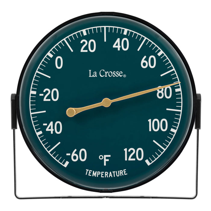 Head-on image of the 104-1512F 5-inch Dial Thermometer with Bracket features an emerald green dial with white temperature readings in a Fahrenheit scale from -60 to 120 degrees, with an antique gold pointer shown with the mounting bracket/stand positioned at the bottom