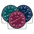 Group image of all 3 colors of the 104-1512 in Emerald Green, Navy Blue, and Wine Red, the Dial Thermometers with Bracket feature colored dials with white temperature readings in a Fahrenheit scale from -60 to 120 degrees, with an antique gold pointer shown with the mounting bracket/stand positioned at the bottom
