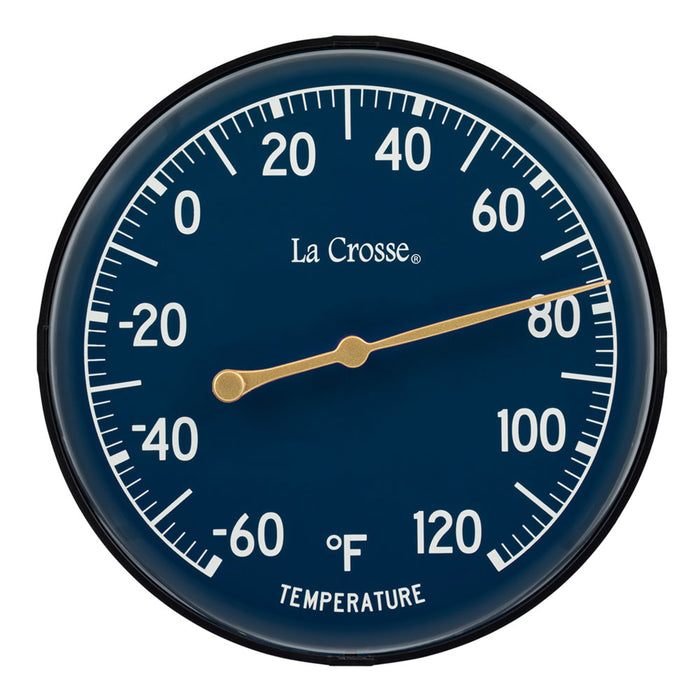 Head-on image of the 104-1512E 5-inch Dial Thermometer with Bracket features a navy blue dial with white temperature readings in a Fahrenheit scale from -60 to 120 degrees, with an antique gold pointer