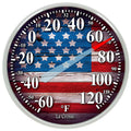 Head-on image of the 104-1534E 13.5-inch Dial Thermometer with key hider - Flag, temperature scale in Fahrenheit -60 to 120 degrees with a red-tipped pointer in a white slimline case