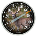 Head-on image of the 104-1534G 13.5-inch Dial Thermometer with key hider - Deer, temperature scale in Fahrenheit -60 to 120 degrees with an orange-tipped pointer in a white slimline case