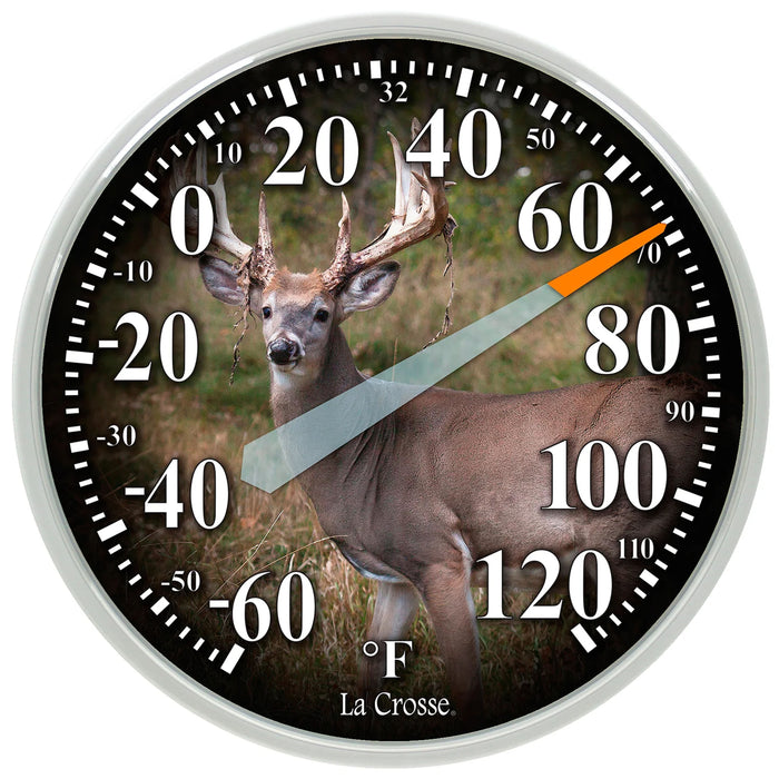 Head-on image of the 104-1534G 13.5-inch Dial Thermometer with key hider - Deer, temperature scale in Fahrenheit -60 to 120 degrees with an orange-tipped pointer in a white slimline case