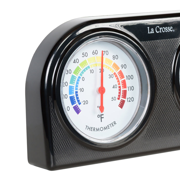 Close-up view of the thermometer dial of the 104-288 Analog Thermometer and Hygrometer, the dial reads in degrees Fahrenheit from 0-120 and in Celsius from -20-50 with a rainbow color scale