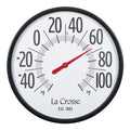 Extra-large oversized circular indoor/outdoor analog dial thermometer measuring 21.80 inches. Black plastic case surrounds a speckled terrazzo white dial and 2.90-inch-tall black numbers ranging from -60 to 120 degrees Fahrenheit. La Crosse logo and “1983” logo are located below the center of dial