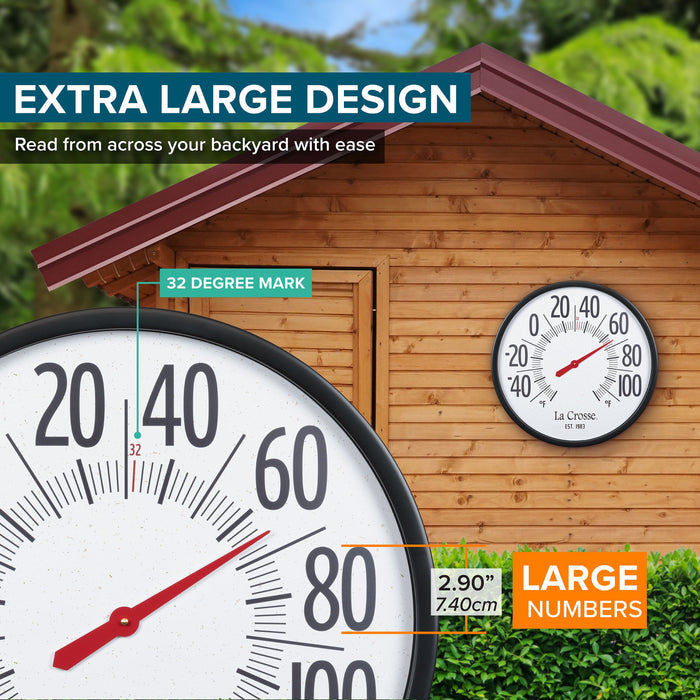 Partial view of the Emperor dial thermometer 104-3056 highlighting the large digits at 2.90 inches the red temperature reading pointer and a call out of the 32 degree mark that is printed in red font in the foreground with a background image of the thermometer hanging on a wood shed in a backyard in the summertime