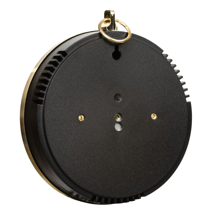 Rear angled view of the 138-611B Analog Barometer showing the black textured back, ventilation slots, calibration openings, and the hanging hole.