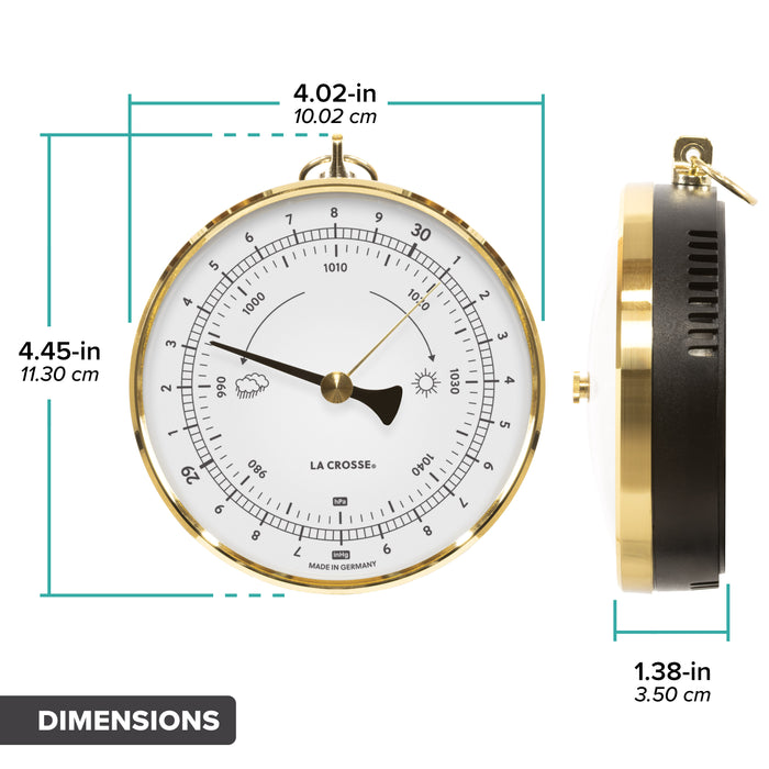 Front and side views of the 138-611W Analog Barometer with a white dial and gold trim, showing labeled dimensions including diameter and depth measurements in inches and centimeters.
