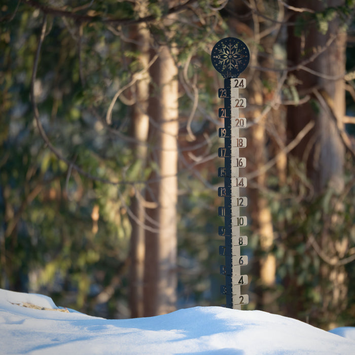 The 139-4686 Metal Snow Gauge displayed in a sunny snow covered backyard with pine trees