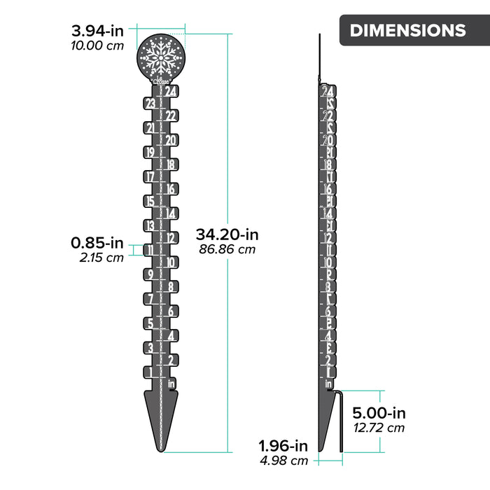 Ortho dimensions of the 139-4686 Metal Snow Gauge showing a head on view and a profile view of the twenty four inch measurement with the total dimensions of 3.94-inches length by 1.96-inches in depth by 34.2-inches in height