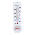 Head-on image of the 204-109 8.75-inch Thermometer with Hygrometer and Key Hider, constructed in a white case. The mercury-free capillary thermometer has a Fahrenheit temperature scale. Temperature markings below freezing appear in blue text, while those above freezing appear in black text. The Hygrometer dial reads 10-100 percent humidity, with a red pointer.