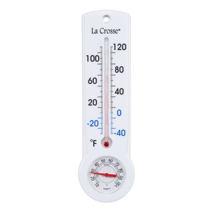 Head-on image of the 204-109 8.75-inch Thermometer with Hygrometer and Key Hider, constructed in a white case. The mercury-free capillary thermometer has a Fahrenheit temperature scale. Temperature markings below freezing appear in blue text, while those above freezing appear in black text. The Hygrometer dial reads 10-100 percent humidity, with a red pointer.