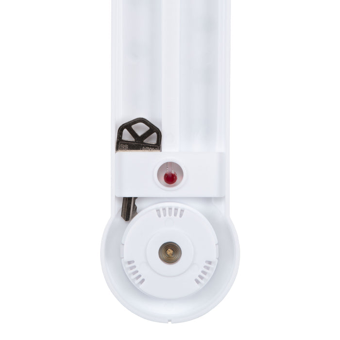 Close-up back image of the 204-109 8.75-inch Thermometer with Hygrometer constructed in a white case. The image features the key hider compartment showing a key in place.