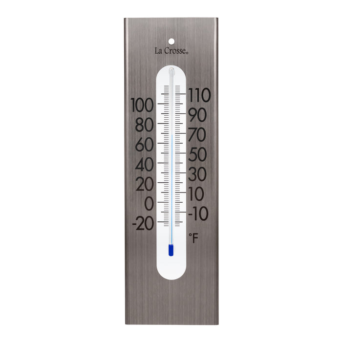 Head-on image of the 204-1523 9-inch Stainless Steel Capillary Thermometer featuring a brushed stainless steel finish, bold black numbers, blue capillary fill, and a La Crosse logo.