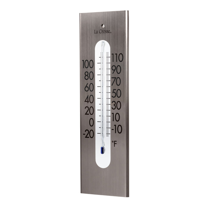 Left-facing image of the 204-1523 9-inch Stainless Steel Capillary Thermometer featuring a brushed stainless steel finish, bold black numbers, blue capillary fill, and a La Crosse logo.
