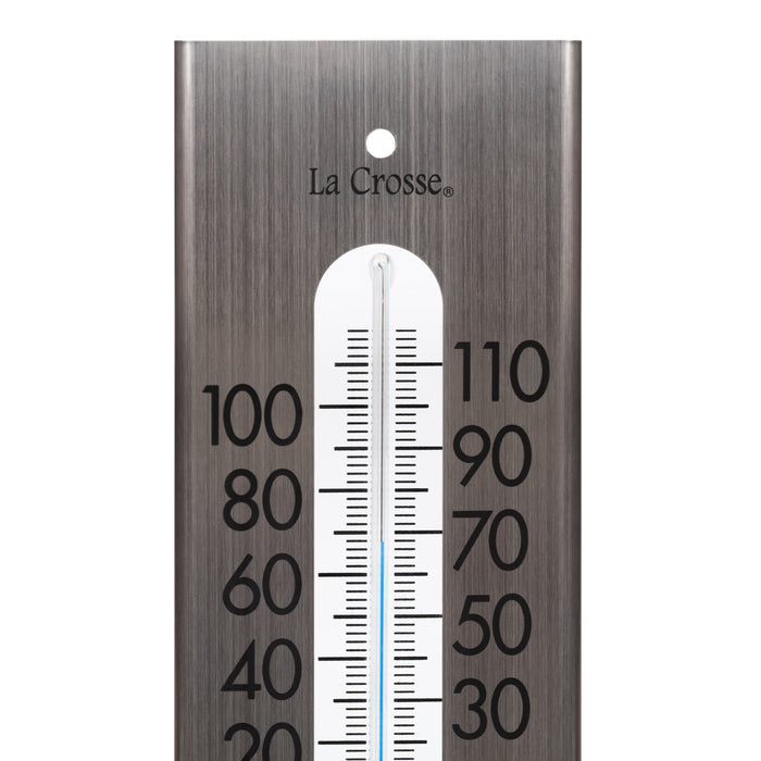 Close-up image of the 204-1523 9-inch Stainless Steel Capillary Thermometer showing the brushed stainless steel finish, the bold black numbers, and the blue capillary fill with the La Crosse logo.