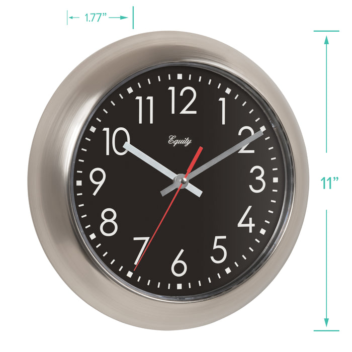 Wall clock with black face and silver frame, showing brand 'Equity', with measurements indicated.