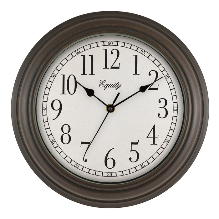 Head-on image of the 20898 Cora 12-inch Wall Clock featuring a classic dial, black numbers, seconds indicator ring, and an oil-rubbed bronze frame