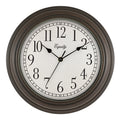 Head-on image of the 20898 Cora 12-inch Wall Clock featuring a classic dial, black numbers, seconds indicator ring, and an oil-rubbed bronze frame