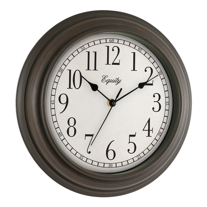 Right-facing image of the 20898 Cora 12-inch Wall Clock featuring a classic dial, black numbers, seconds indicator ring, and an oil-rubbed bronze frame