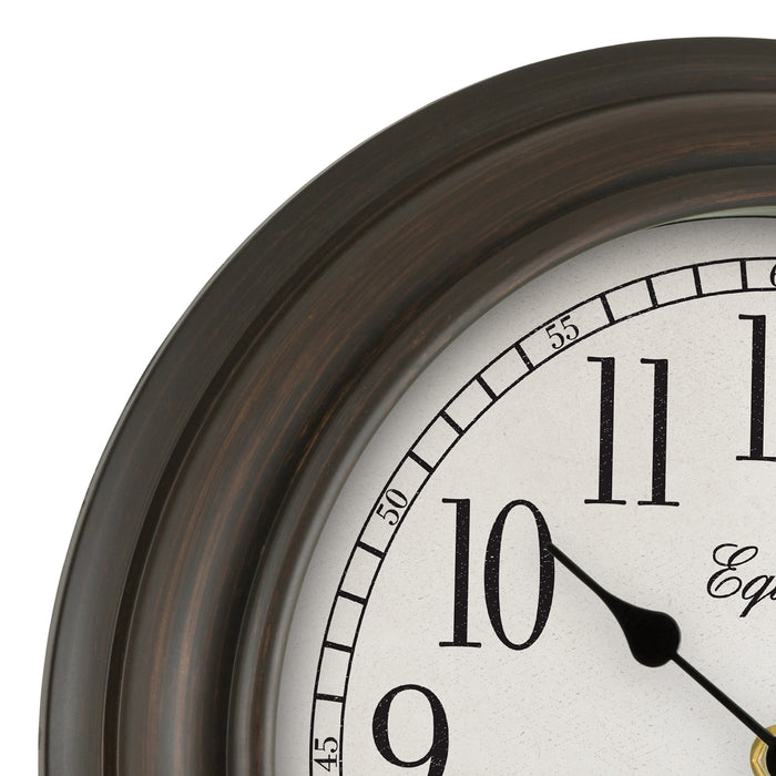 Close-up detail image of the frame detail of the 20898 Cora 12-inch Wall Clock featuring a classic dial, black numbers, seconds indicator ring, and an oil-rubbed bronze frame