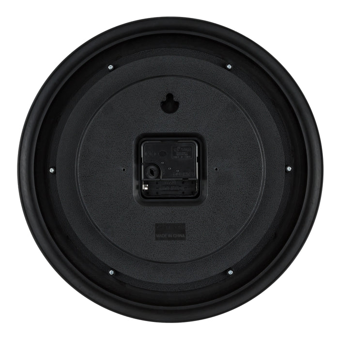 Back image of the 20898 Cora 12-inch Wall Clock showing the battery compartment, quartz movement, and hanging hole