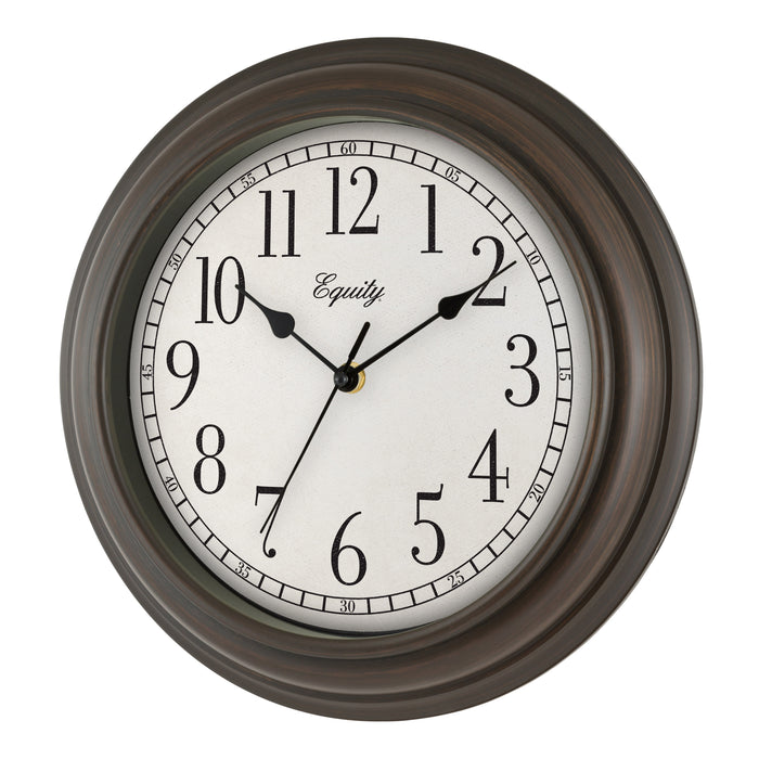 Left-facing image of the 20898 Cora 12-inch Wall Clock featuring a classic dial, black numbers, seconds indicator ring, and an oil-rubbed bronze frame