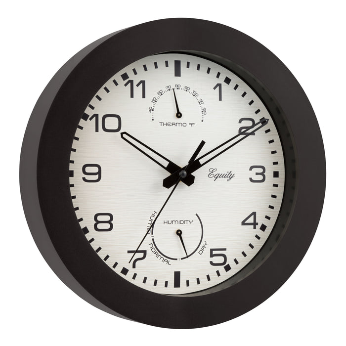Right-facing 29005 10-inch Waylon indoor outdoor wall clock with temperature and humidity, featuring a linen design dial with a dark brown frame, stylized cut-out hour and minute hands, and a second hand