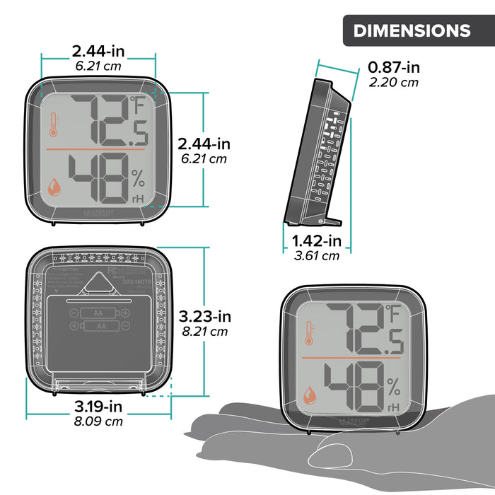 Orthographic dimension image (inches and centimeters) for the 302-1407W square battery-operated digital indoor thermometer and hygrometer with orange accent icons indicating temperature and humidity. Text shows the overall length as 3.19-inches, depth 1.42-inches, and the height as 3.23-inches. There are additional dimensions of the screen size and shown without the stand when using the built-in keyhole for hanging.