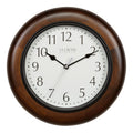 404-2625 Linwood wall clock features a dark stained wood frame surrounding a white dial with simple black numerals and time markings black metal hour and minute hands, and a silver second hand