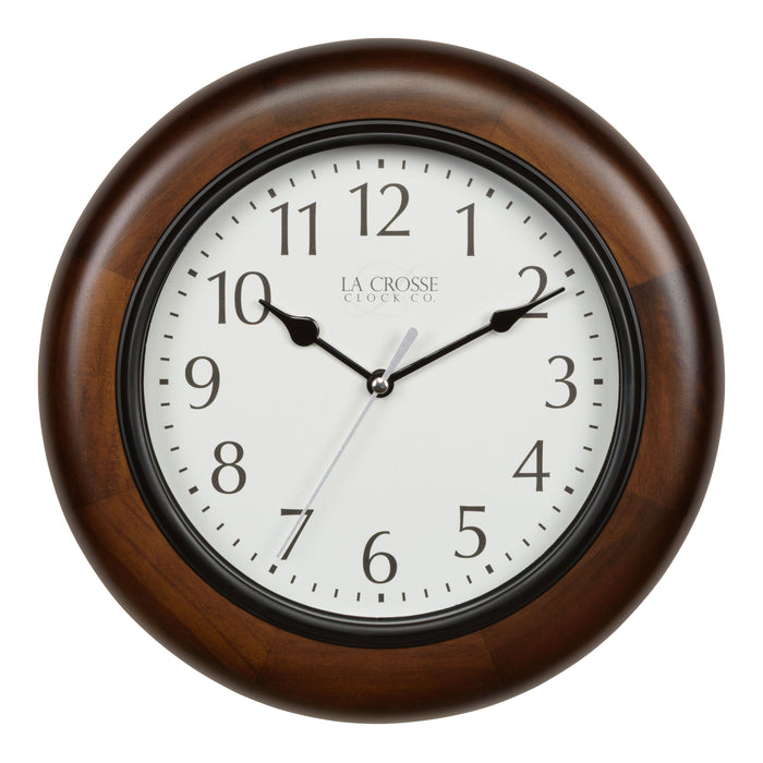 404-2625 Linwood wall clock features a dark stained wood frame surrounding a white dial with simple black numerals and time markings black metal hour and minute hands, and a silver second hand