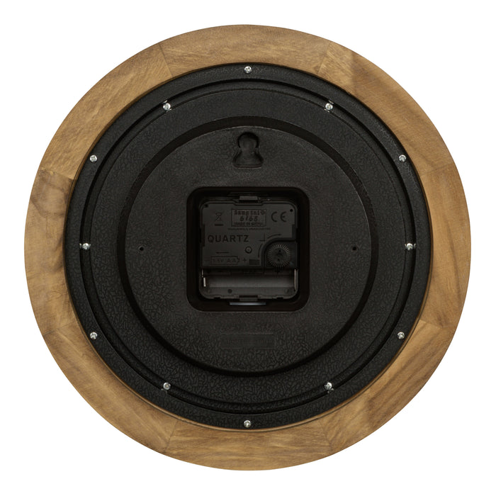 Back view of the 404-2625 10-inch Linwood wood wall clock highlights the clock's construction of real wood, a quartz movement, the integrated hanging hole, and the battery compartment