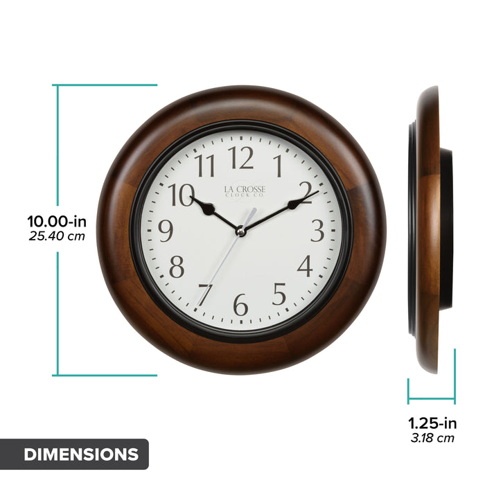 Orthographic dimension image of the 404-2625 Linwood 10-inch wall clock showing the dark stain wood clock head on and in profile to highlight the diameter dimension and the depth of the clock at 1.25-inches