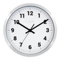 Head on view of the Nash 404-2626 Wall Clock with a silver metal flush mount frame surrounding a white dial with black numbers, hour, minute and second hands and gray time markings