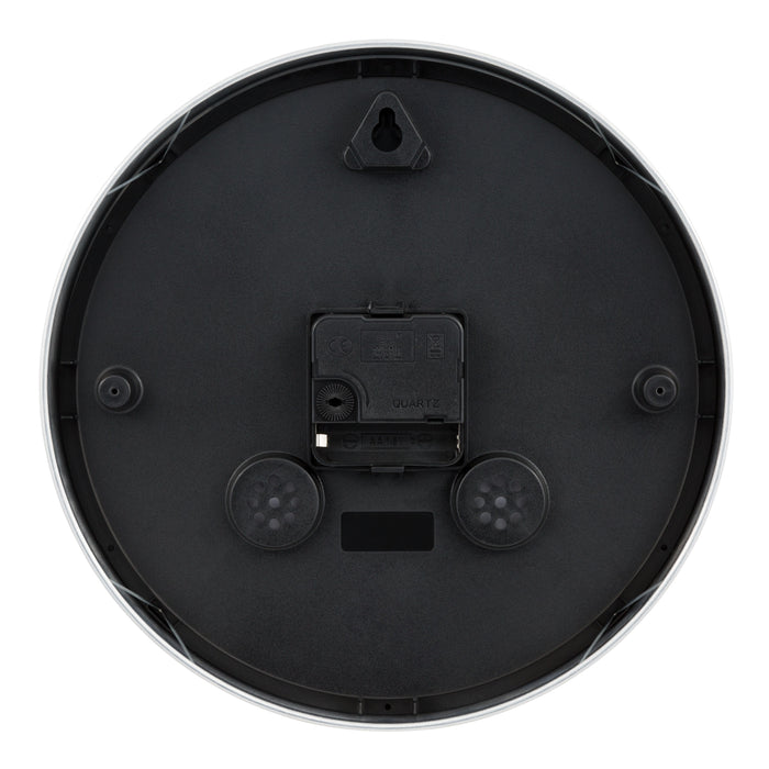 Back view of the Nash 404-2626 Wall Clock with a silver metal flush mount frame showing the quartz movement and single hanging keyhole