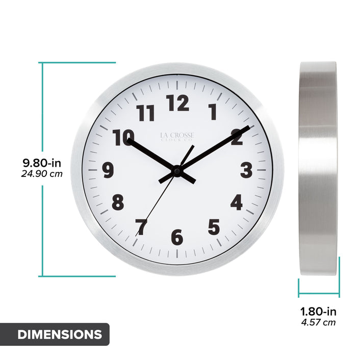 Orthographic image showing the 404-2626 10-inch Nash Wall Clock head on with diameter dimensions and in profile showing the depth of the silver finish metal frame at 1.80 inches. The white dial features black numbers and black metal hands: hour, minute, second.