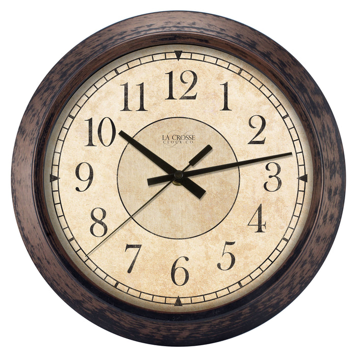Head-on image of the 404-2635 14-inch Savannah Wall Clock featuring a parchment paper-inspired dial, black numbers, and a weathered bronze frame