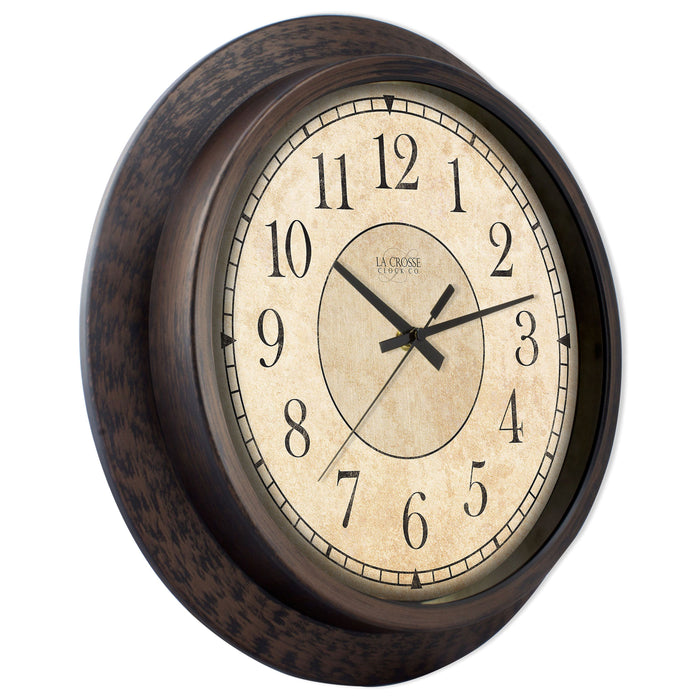 Right-facing image of the 404-2635 14-inch Savannah Wall Clock featuring a parchment paper-inspired dial, black numbers, and a weathered bronze frame
