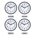 Head-on image of the 404-3020B-4TZ Four Pack 8-inch Basic Wall Clock with City Plaques showing all four clocks. The clocks feature black frames with white dials, black numbers, black hour and minute hands, and a red second hand. Beneath each clock is a small rectangular plaque labeling a city: “Los Angeles,” “New York,” “Paris,” and “Tokyo,” indicating different time zones.