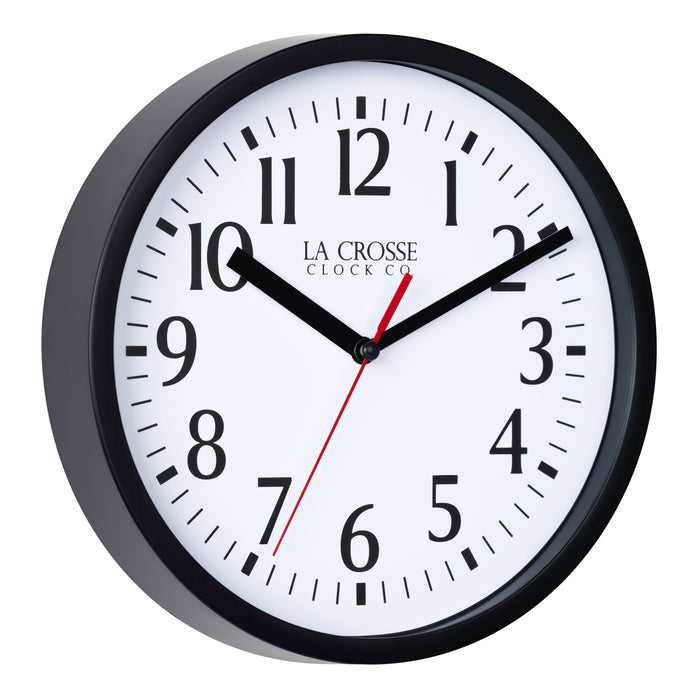 Right-facing image of the frame detail of the 404-3020B-4TZ Four Pack 8-inch Basic Wall Clock with City Plaques. The clock features a black frame with a white clock face, black numbers, black hour and minute hands, and a red second hand.
