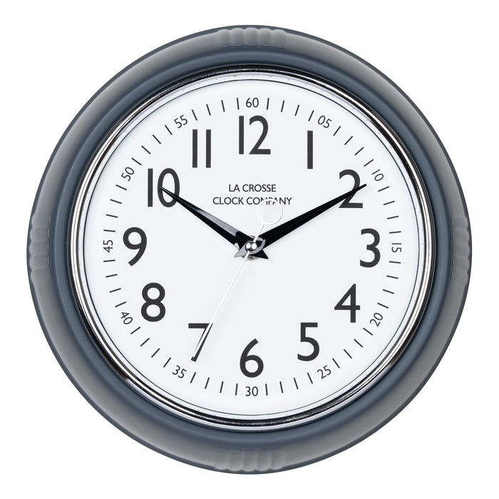Head-on image of the 404-3024DS 9.5-inch Diner Clock – Dark Slate. The clock features a retro-style dark slate frame with a white dial, chrome bezel, black numbers and minute markings, black metal hands, and a silver second hand.
