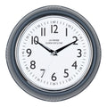 Head-on image of the 404-3024DS 9.5-inch Diner Clock – Dark Slate. The clock features a retro-style dark slate frame with a white dial, chrome bezel, black numbers and minute markings, black metal hands, and a silver second hand.