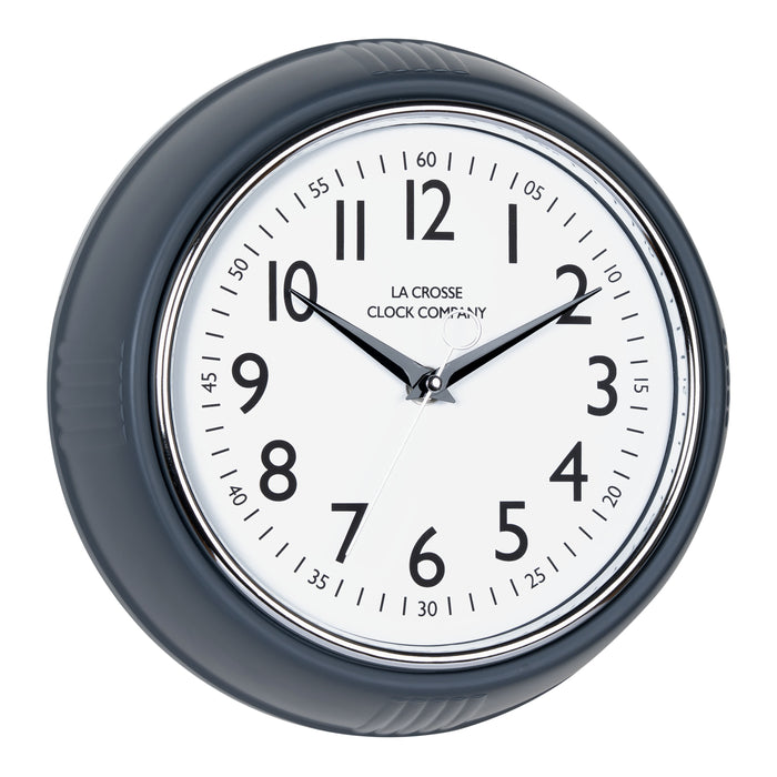 Right-facing image of the 404-3024DS 9.5-inch Diner Clock – Dark Slate. The clock features a retro-style dark slate frame with a white dial, chrome bezel, black numbers and minute markings, black metal hands, and a silver second hand.