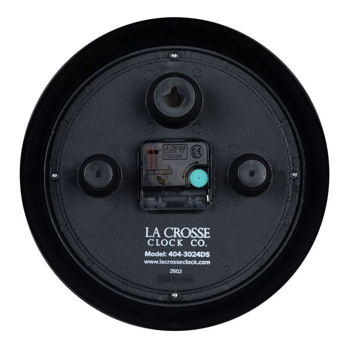 Back image of the 404-3024DS 9.5-inch Diner Clock – Dark Slate, showing the battery compartment, the silent sweep quartz movement, and the hanging hole.