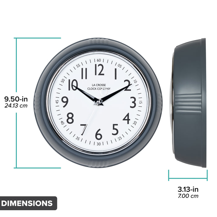 Dimension image in inches and centimeters of the 404-3024DS 9.5-inch Diner Clock – Dark Slate featuring the retro-style dark slate frame in profile, measuring 3.13 inches deep. The 9.50-inch diameter clock has a white dial, chrome bezel, black numerals and minute markings, black metal hands, and a silver second hand.