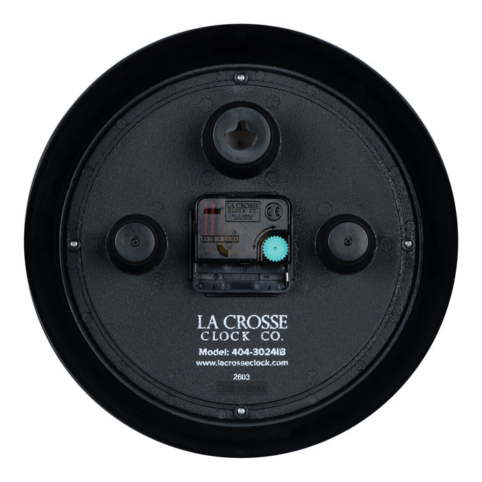 Back image of the 404-3024IB 9.5-inch Diner Clock – Indigo Blue, showing the battery compartment, the silent sweep quartz movement, and the hanging hole.