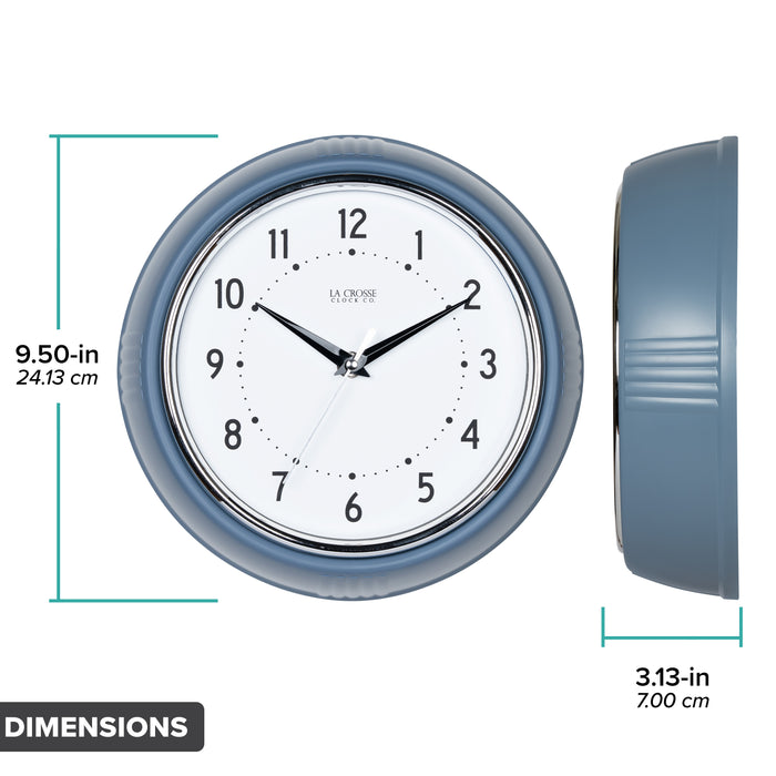 Dimension image in inches and centimeters of the 404-3024IB .5-inch Diner Clock – Indigo Blue featuring the retro-style Indigo Blue frame in profile, measuring 3.13 inches deep. The 9.50-inch diameter clock has a white dial, chrome bezel, black numerals and minute markings, black metal hands, and a silver second hand.
